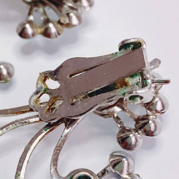 VTG Mid Century Peacock Blue AB Rhinestone Silver Tone Clip On Atomic Earrings - Picture 8 of 10